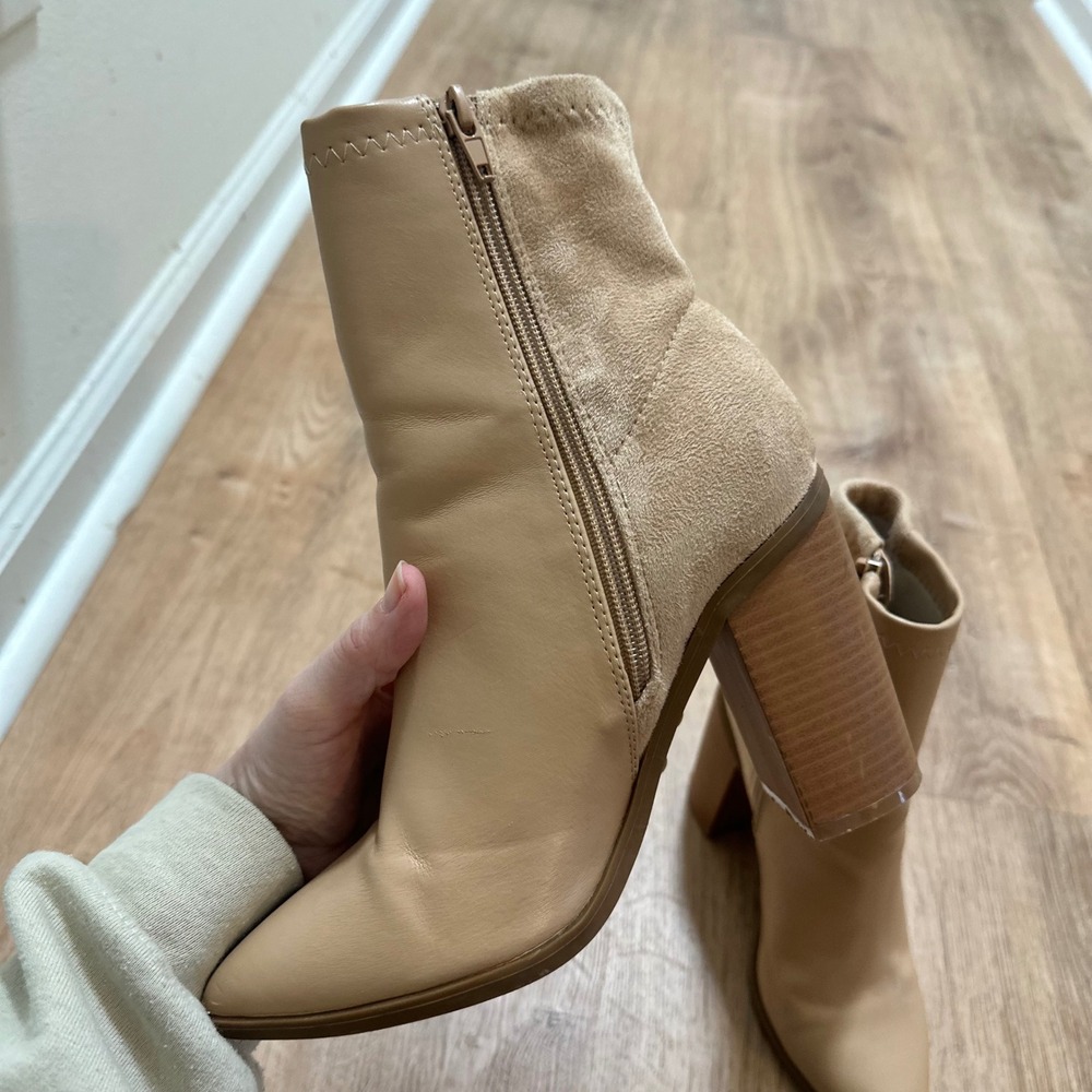 Lulus | Essex Tan Nude Mid-Calf Suede Pointed Toe Block‎ Heel Ankle Boots, 5.5 - Picture 4 of 10